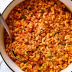 top view of goulash in a pot showing the beef broth used