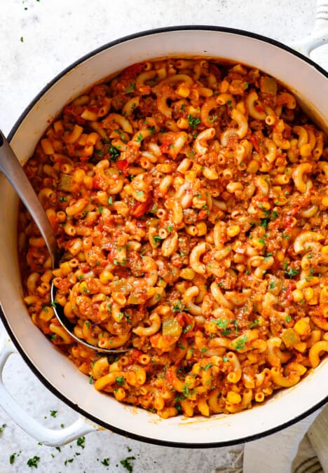 top view of goulash in a pot showing the beef broth used