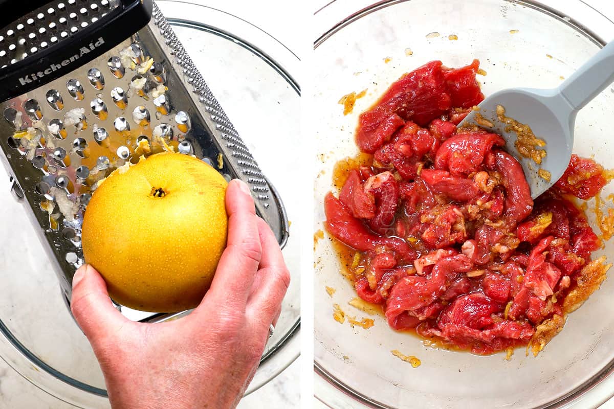 showing how to make bibimbap by whisking the marinade ingredients together, then adding the sliced beef