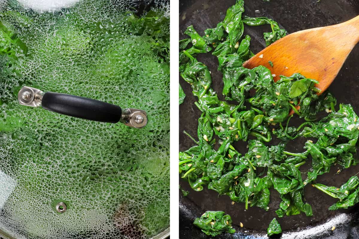 showing how to make bibimbap recipe by steaming the spinach, then sautรฉing with garlic