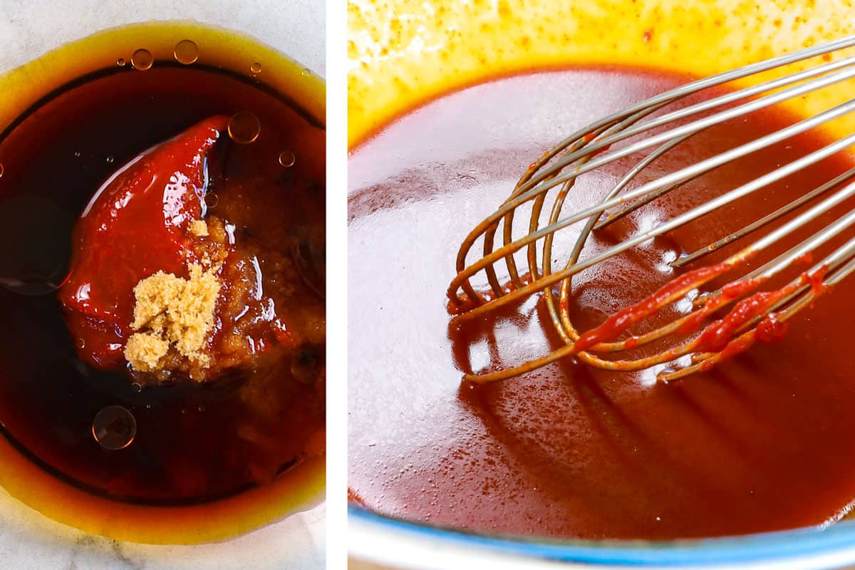 showing how to make bibimbap recipe by mixing bibimbap sauce ingredients together