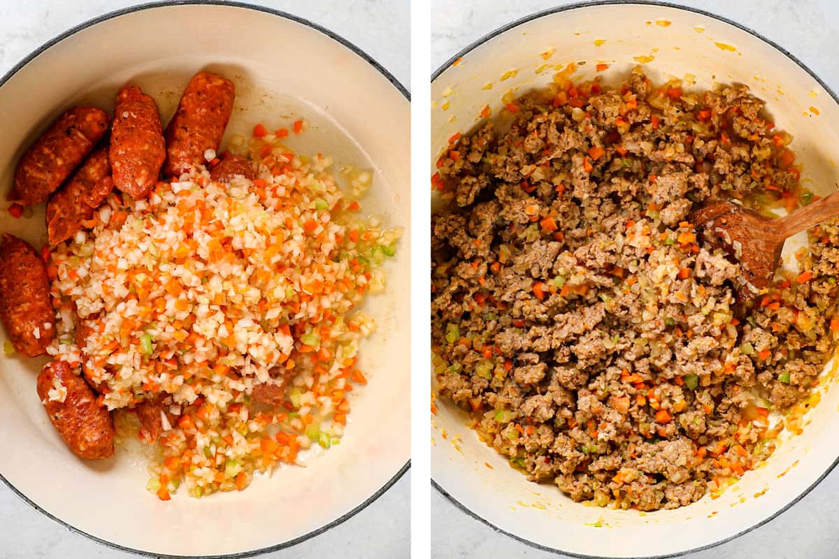 a collage showing how to make baked spaghetti by browning sausage and vegetables in a large Dutch oven
