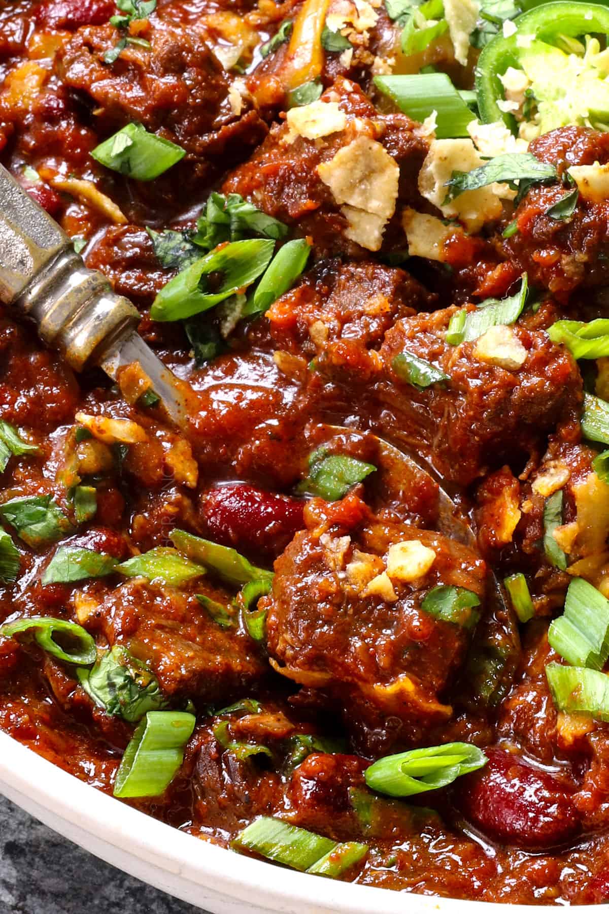 up close of chili con carne (beef chili recipe) showing how thick and hearty it is