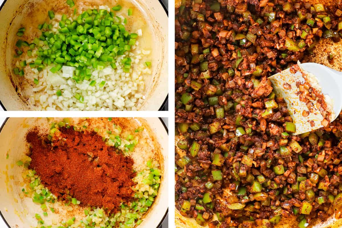a collage showing how to make chili con carne (beef chili) by sautรฉing onions, onions, jalapenos and garlic