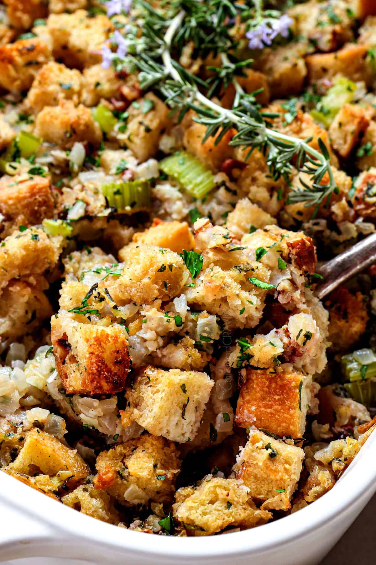 up close of a spoonful of stuffing recipe