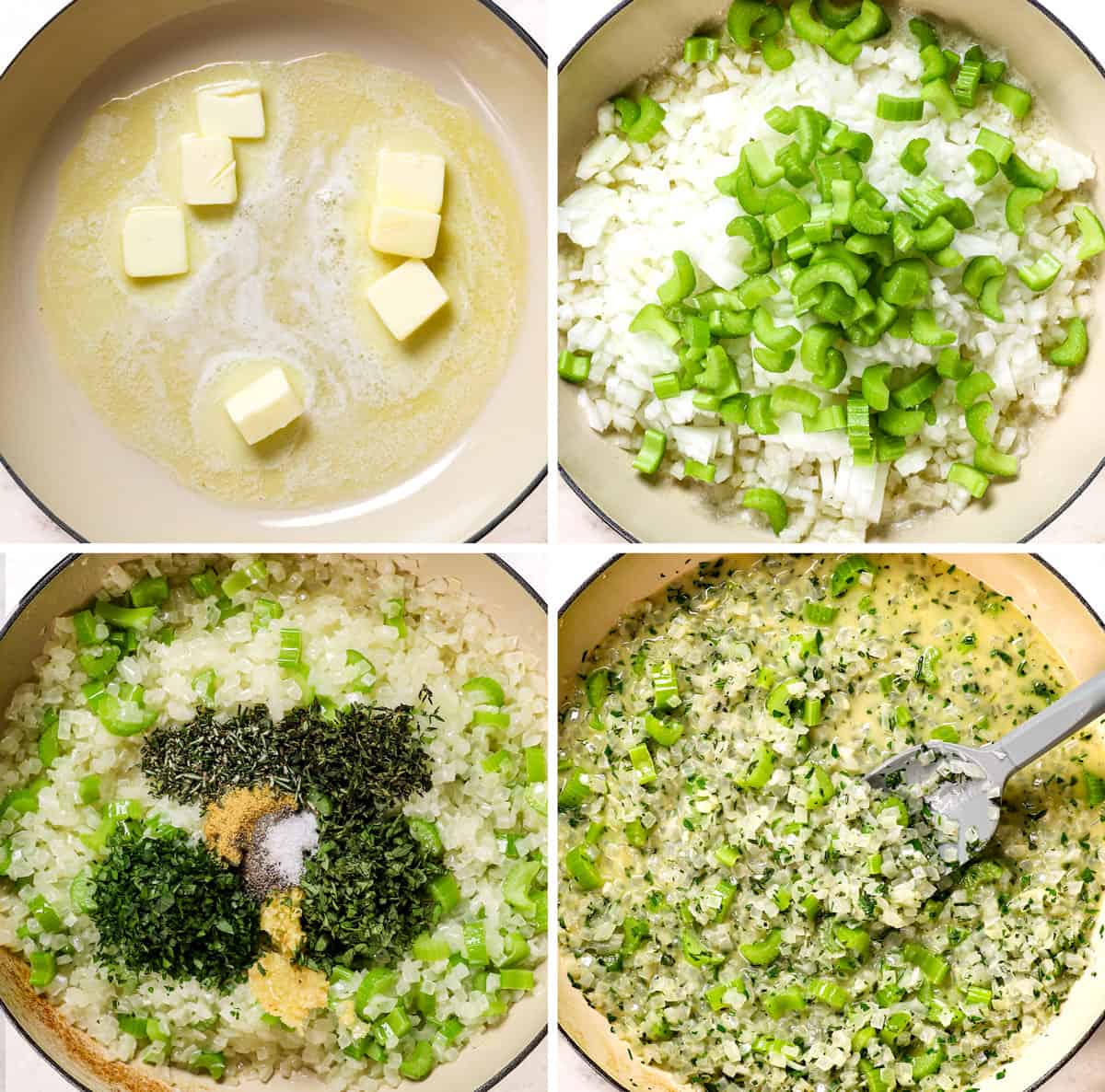 a collage showing how to make stuffing by sautรฉing onions and celery, then adding herbs and spices, then adding chicken broth