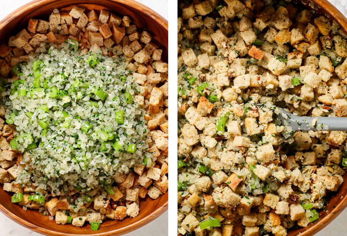 a collage showing how to make stuffing by adding sautรฉed vegetables to toasted cubed bread