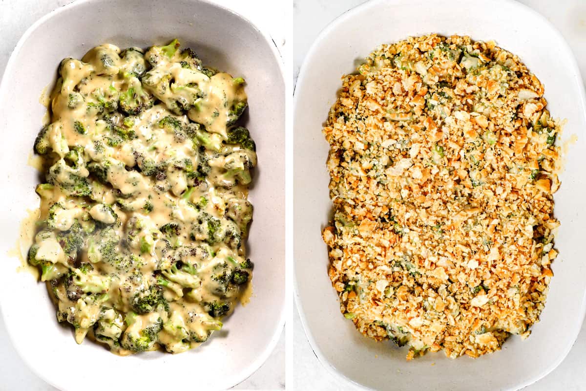 showing how to make broccoli casserole by adding cheesy broccoli to the casserole dish and topping with Ritz crackers