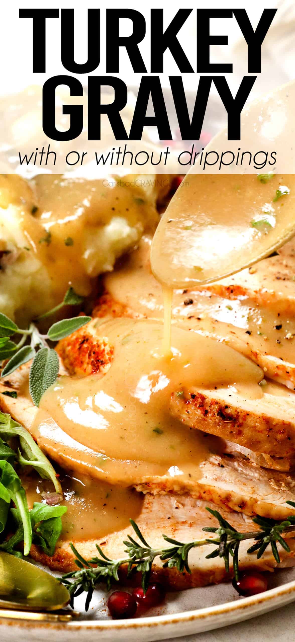 turkey gravy recipe being poured over sliced turkey showing how smooth it is