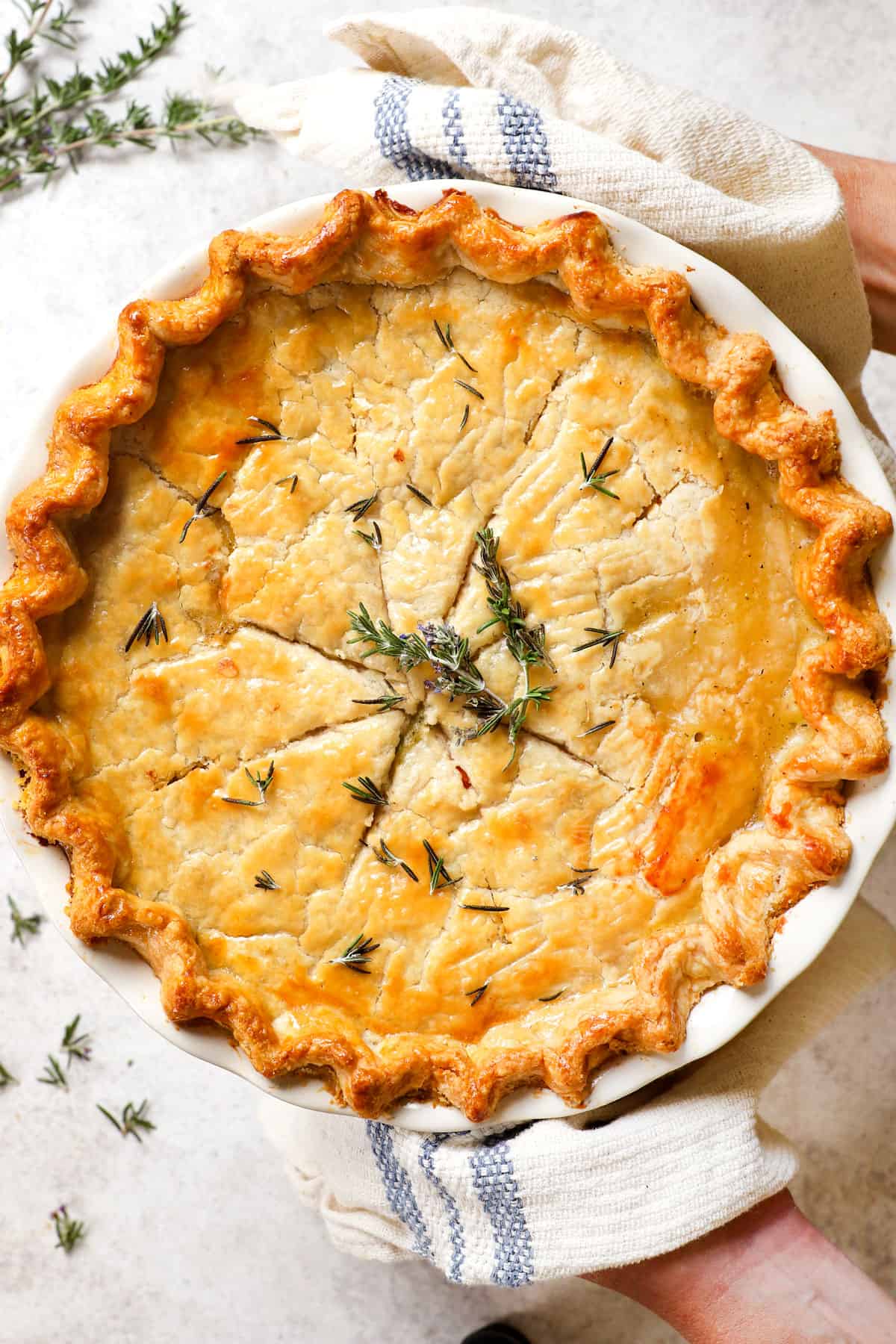 top view of two hands holding turkey pot pie recipe showing the golden crust