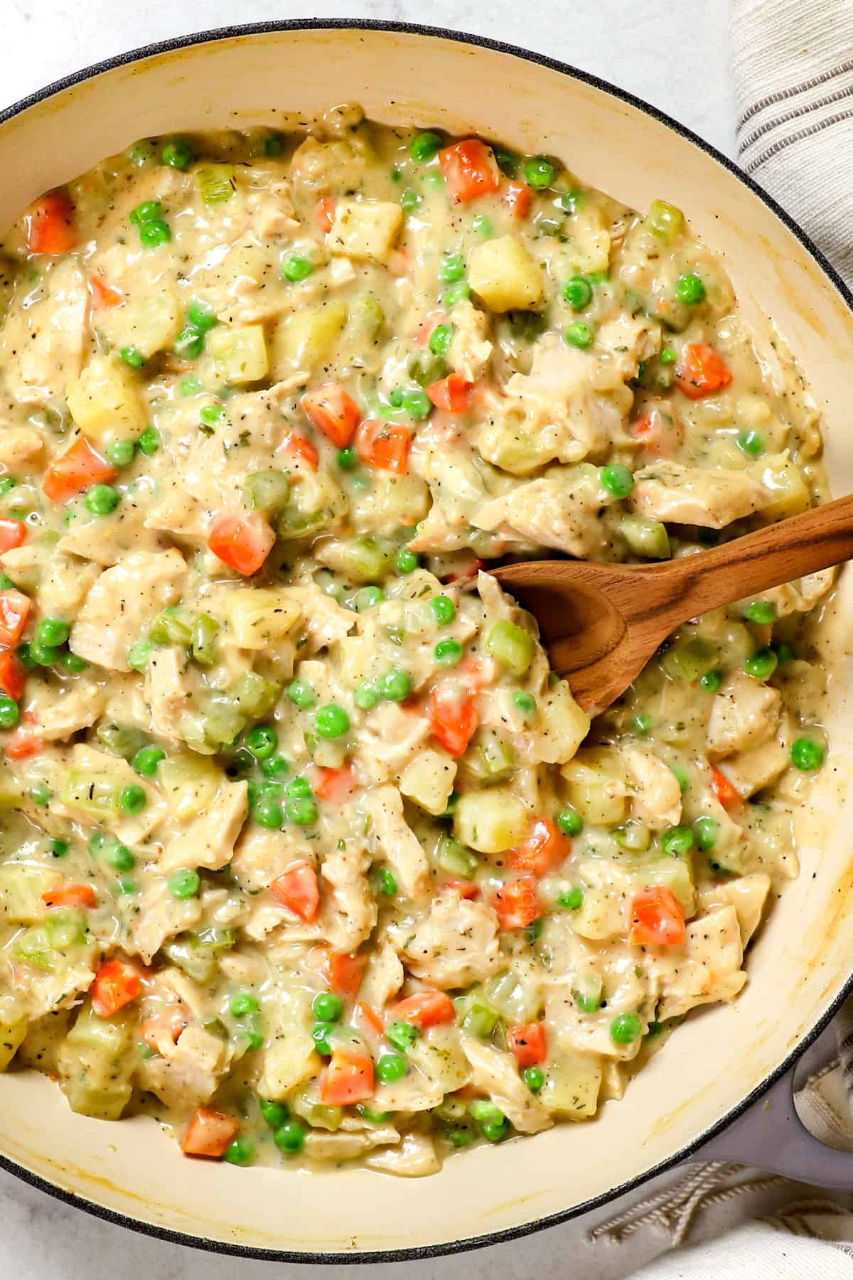 top view of turkey pot pie filling showing how creamy it is