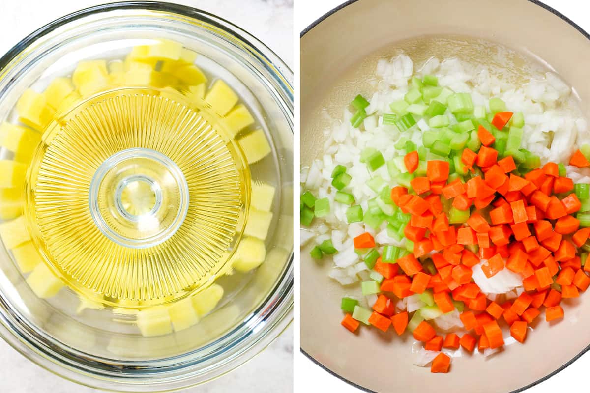 a collage showing how to make turkey pot pie by microwaving potatoes, then sautรฉing onions, carrots and celery