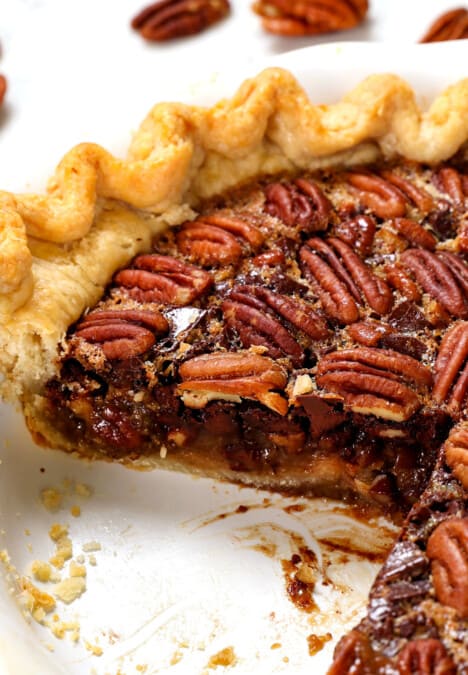up close of chocolate pecan pie recipe filling
