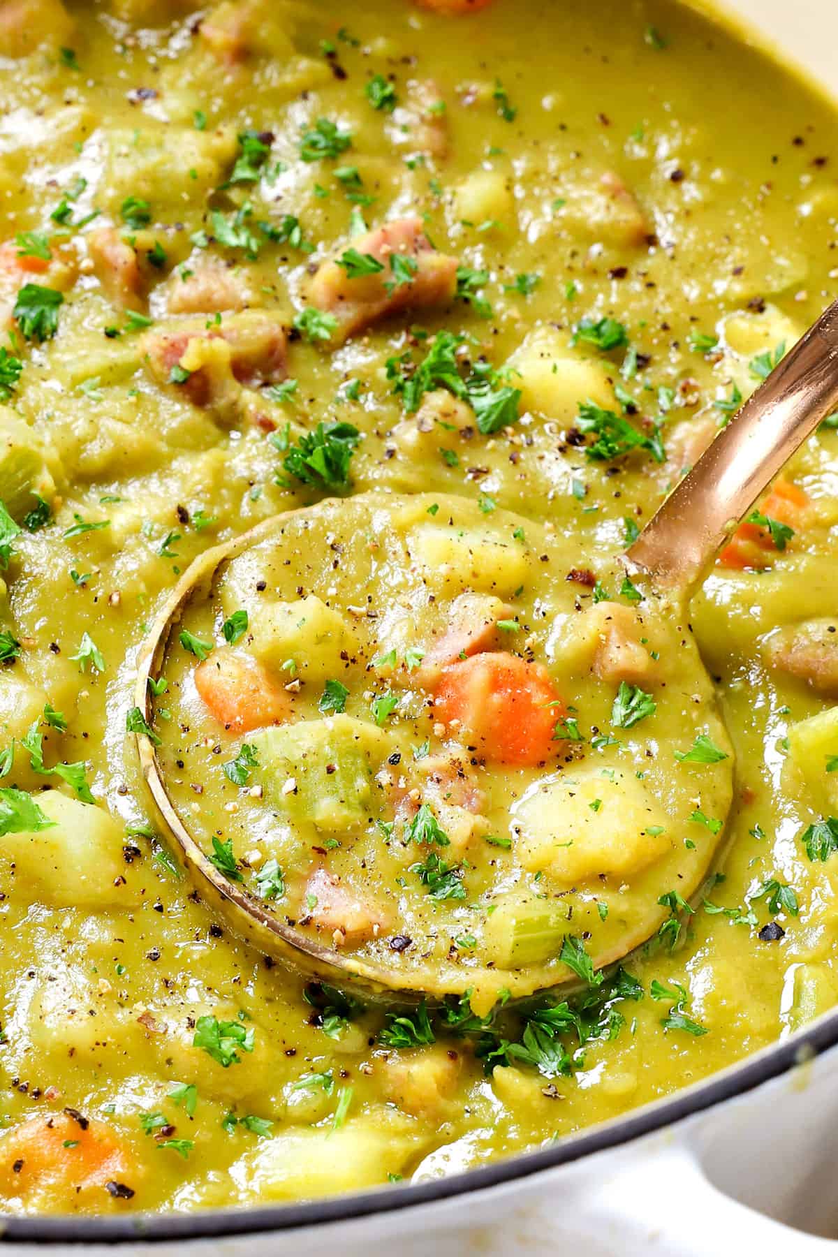 showing how to make split pea soup with ham by thinning with additional water