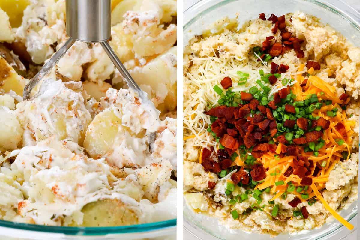 showing how to make twice baked potato casserole by mashing the potatoes, then stirring in cheddar cheese and green onions
