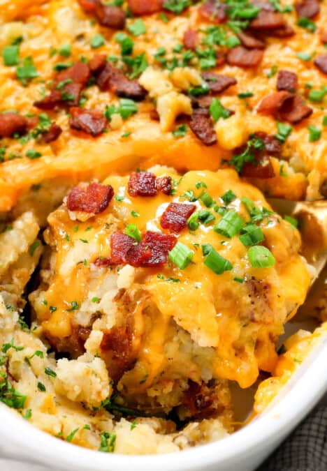 up close view of Twice Baked Potato Casserole showing how cheesy it is