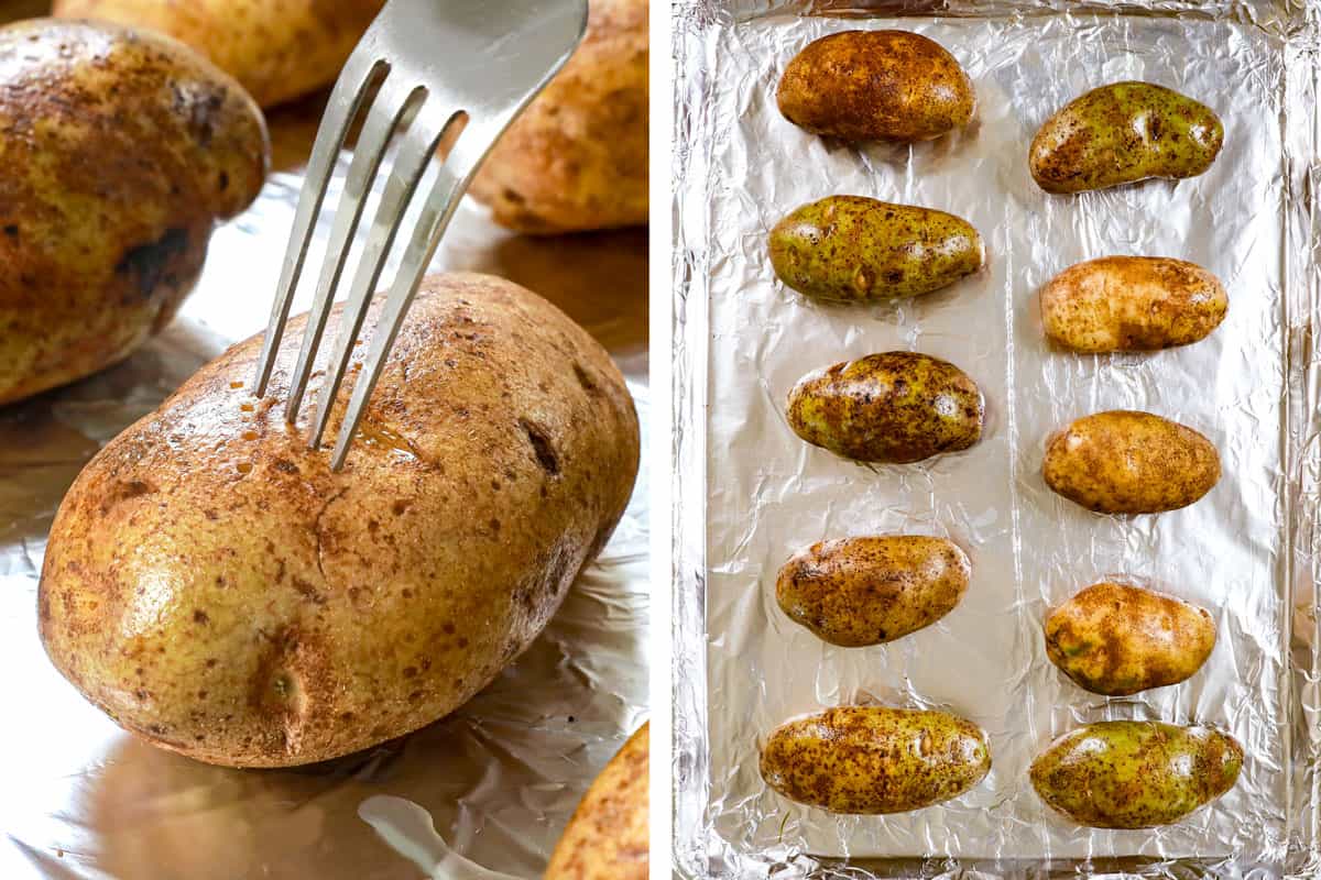 showing how to make twice baked potato casserole by adding potatoes to a baking sheet, piercing with a fork, rubbing with olive oil, then baking