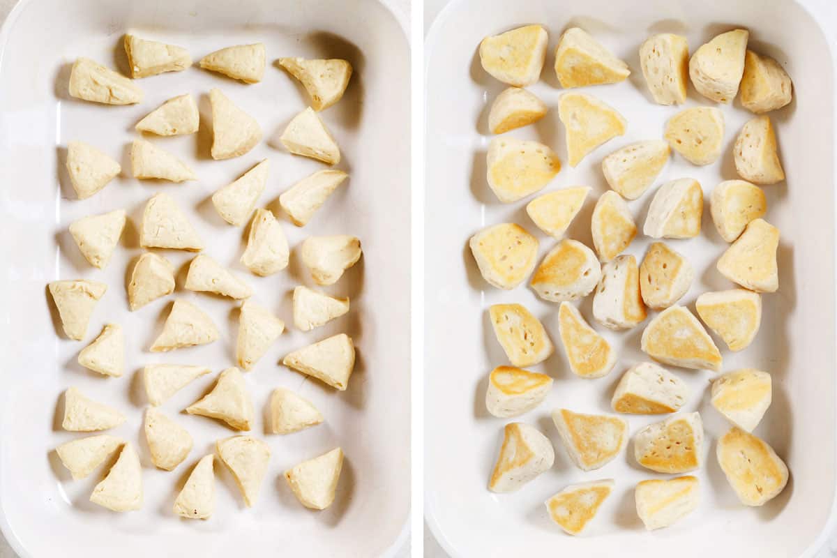 showing how to make biscuits and gravy casserole by par-baking cut biscuits on the bottom of the pan