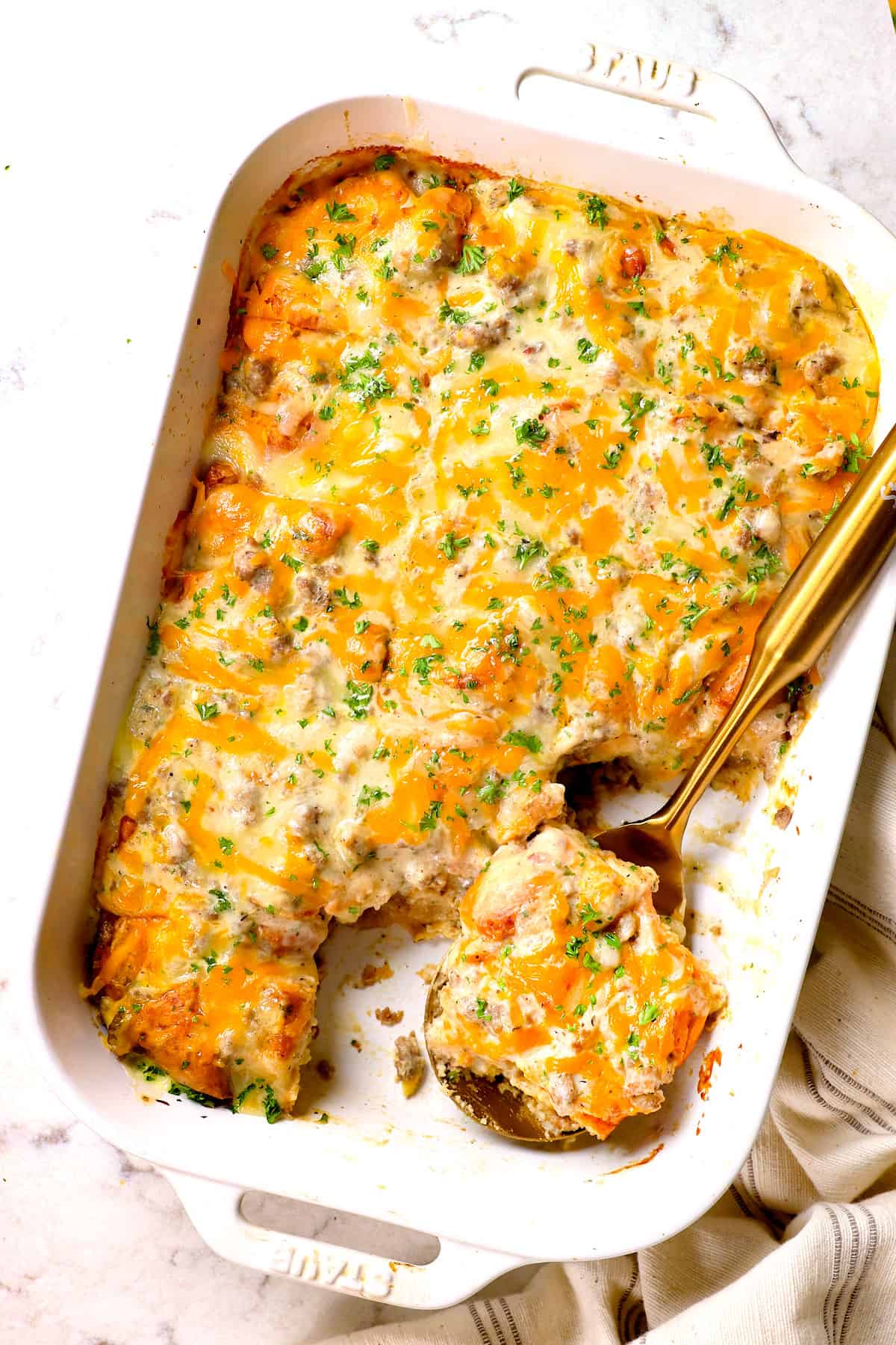 top view of biscuit and gravy casserole showing how cheesy it is