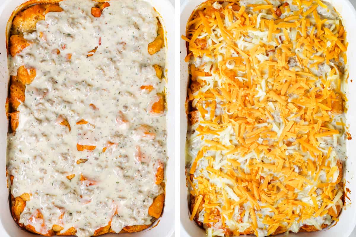 showing how to make biscuit and gravy casserole by topping baked casserole with more sausage gravy and cheese