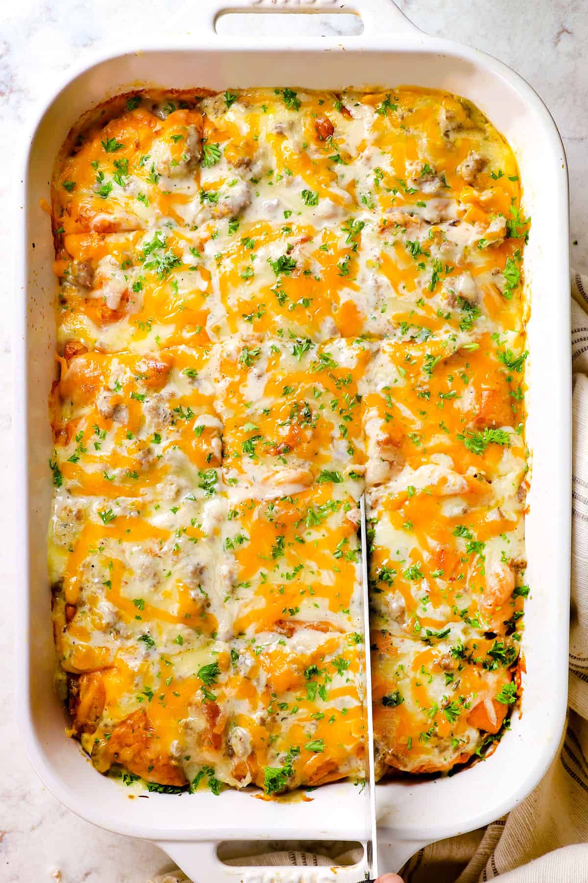 top view showing how to cut sausage gravy biscuit casserole