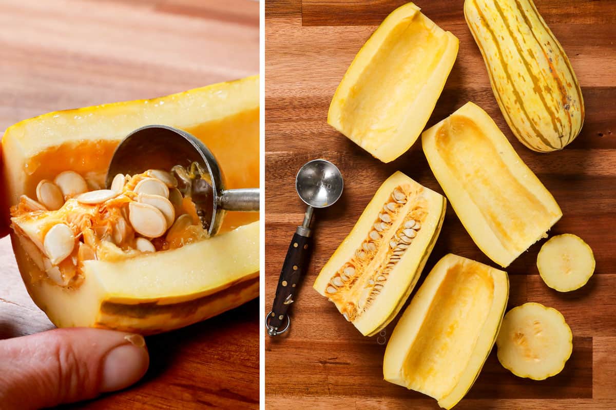 showing how to make delicata squash recipe by cutting in half lengthwise, then scooping out the seeds
