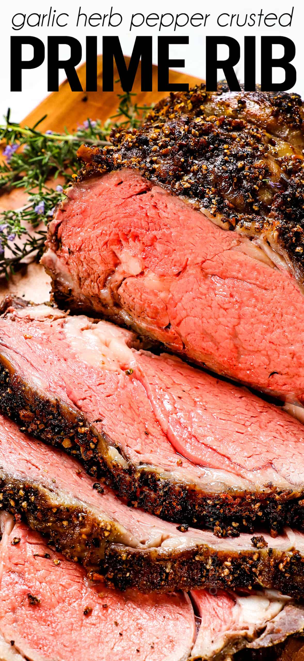 best prime rib recipe showing the golden, crispy pepper crust