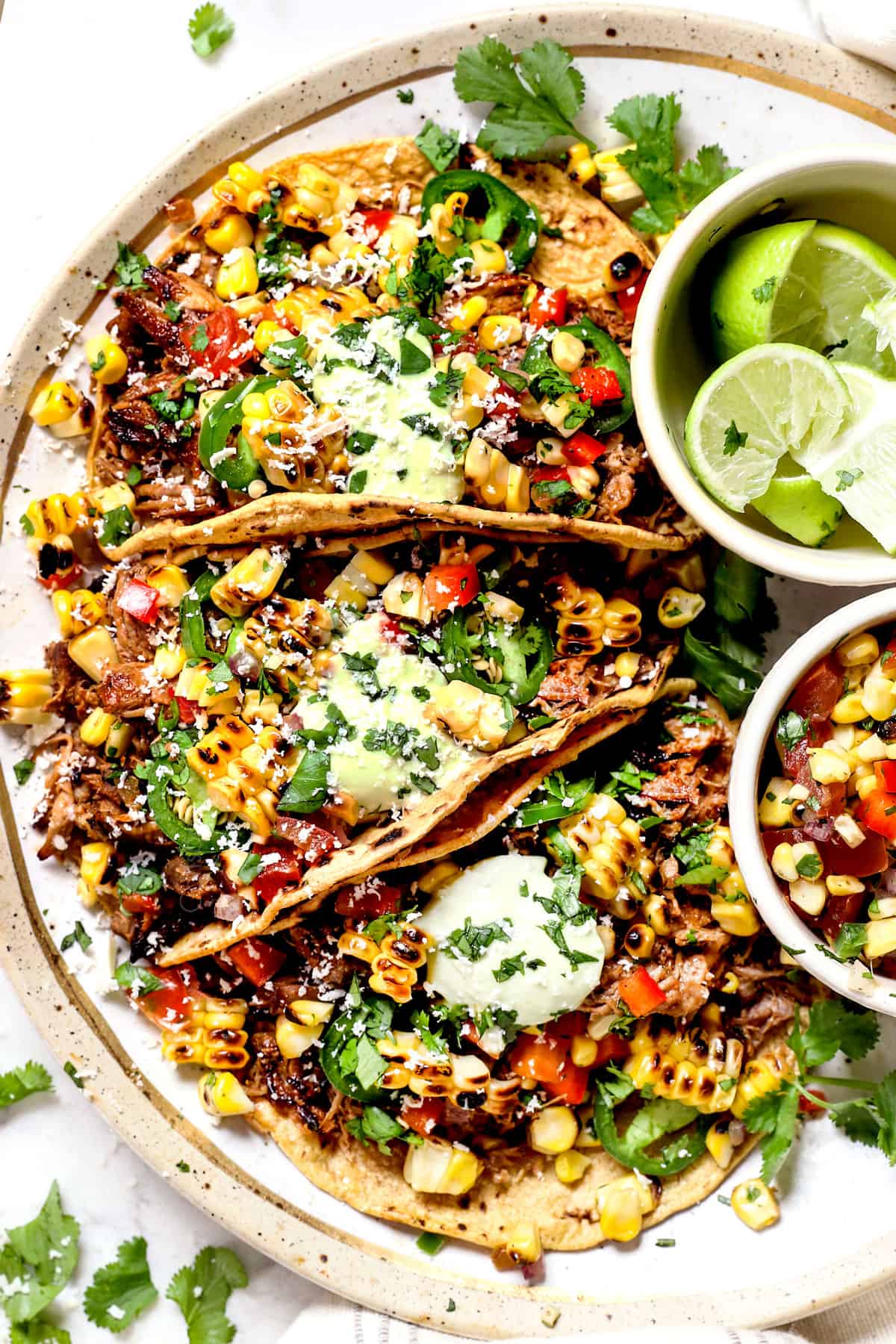 top view of serving carnitas taco recipe on a plate