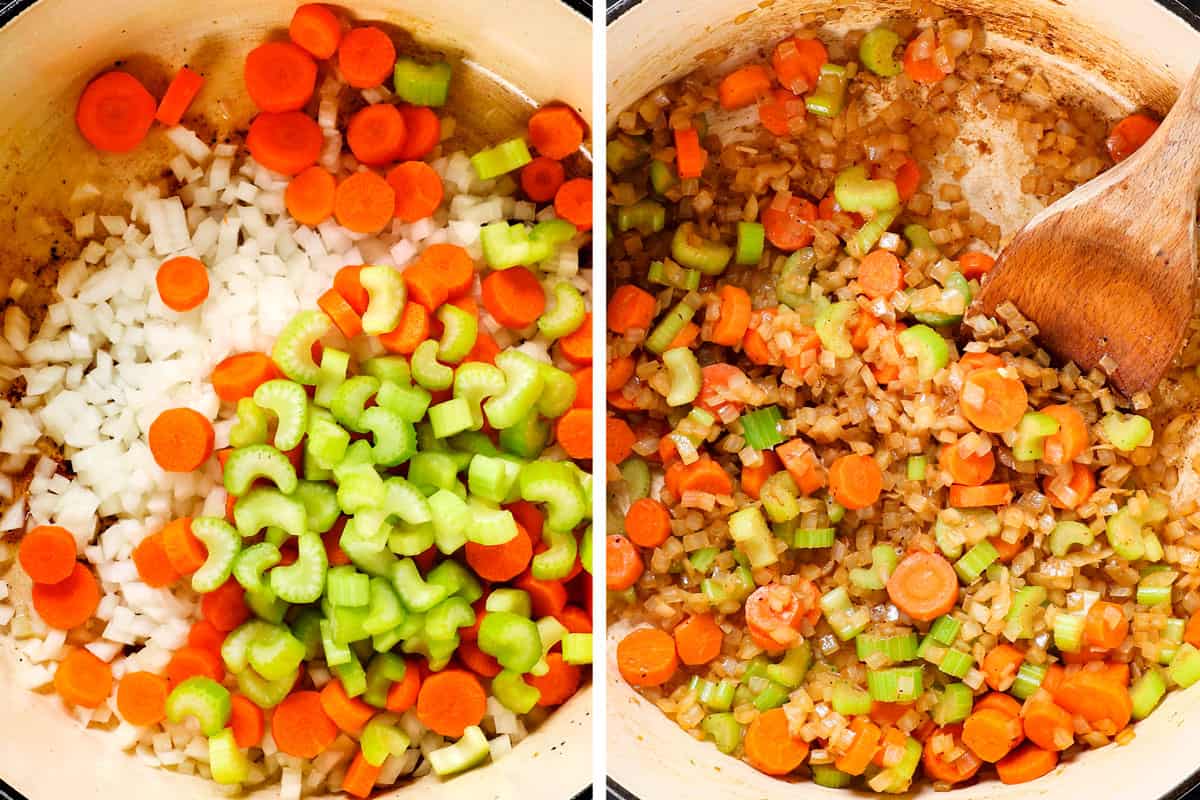 showing how to make chicken vegetable soup by sautรฉing onions, celery and carrots