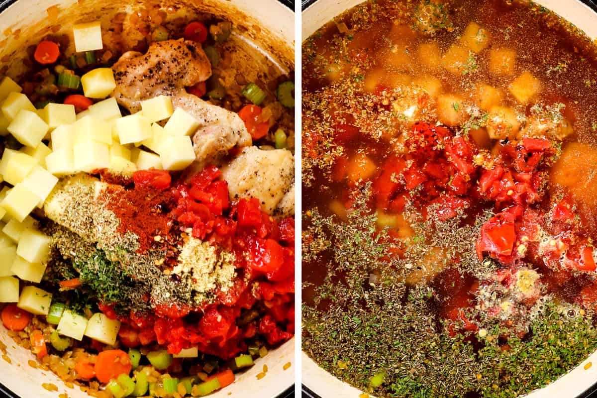 showing how to make chicken vegetable soup recipe by adding chicken, potatoes, carrots, tomatoes and broth to the Dutch oven to simmer