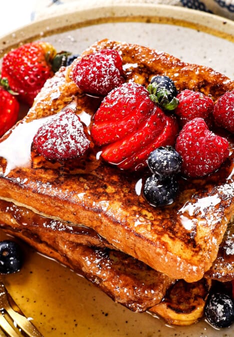 up close of homemade French toast showing how golden and crispy it is