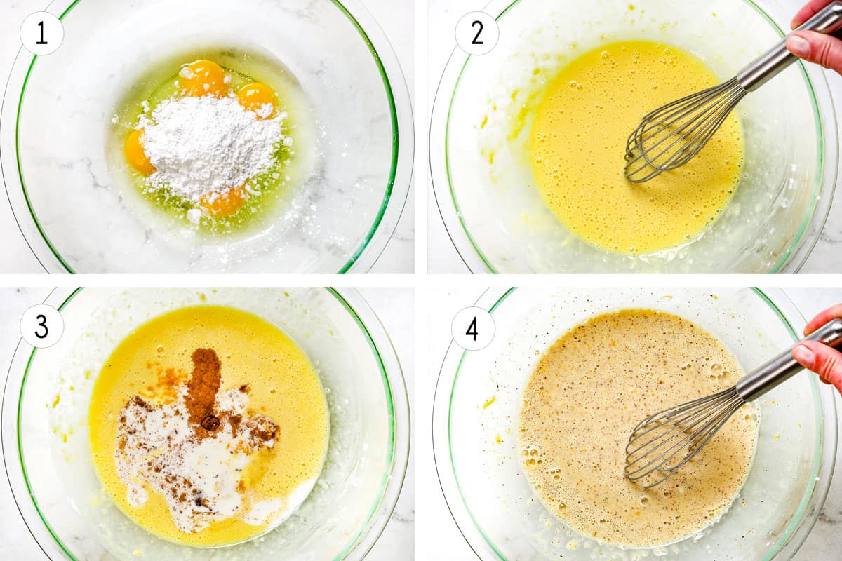 A collage showing step 1 of making French toast: whisking flour and eggs together, then whisking in half and half, cinnamon, salt and nutmeg