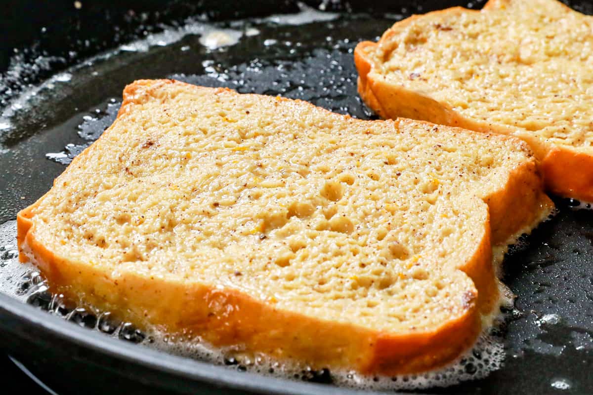 Step 4 showing how to make French toast by cooking French toast in a nonstick skillet