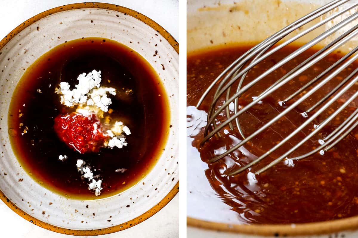 showing how to make stir fry with ground turkey by whisking the stir fry sauce ingredients together in a bowl