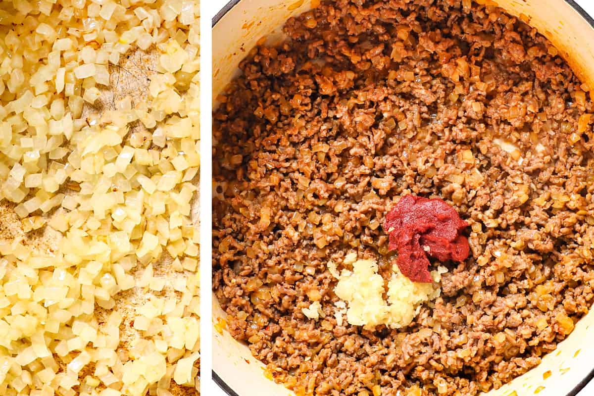 showing how to make lasagna roll ups by sautรฉing onions, then browning sausage