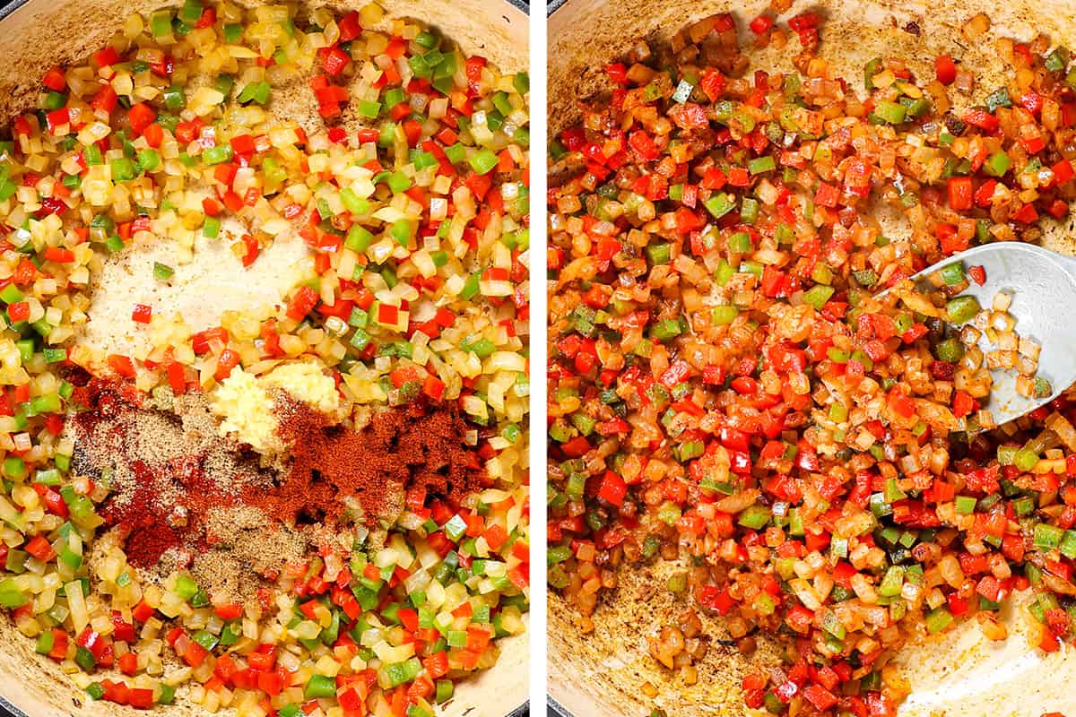 a collage showing how to make shakshuka by sautรฉing garlic and spices