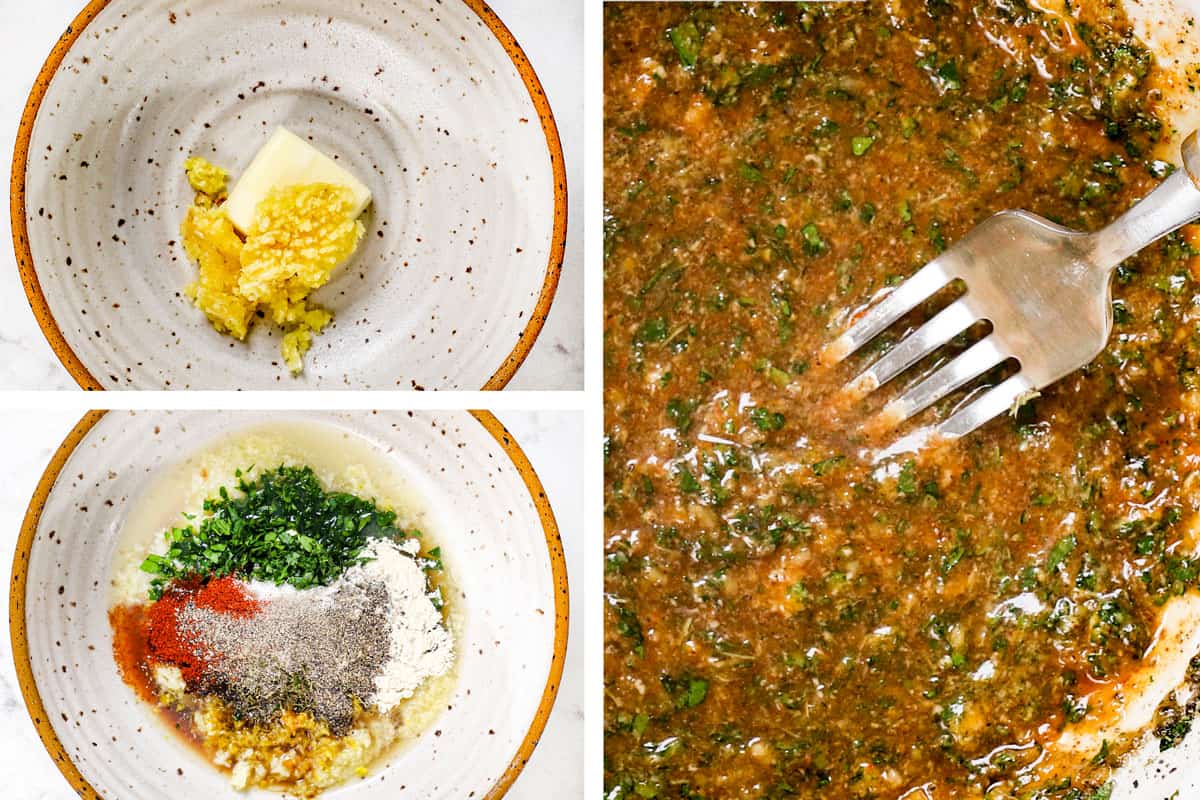 showing how to make baked salmon by whisking butter, garlic, lemon and seasonings together in a bowl
