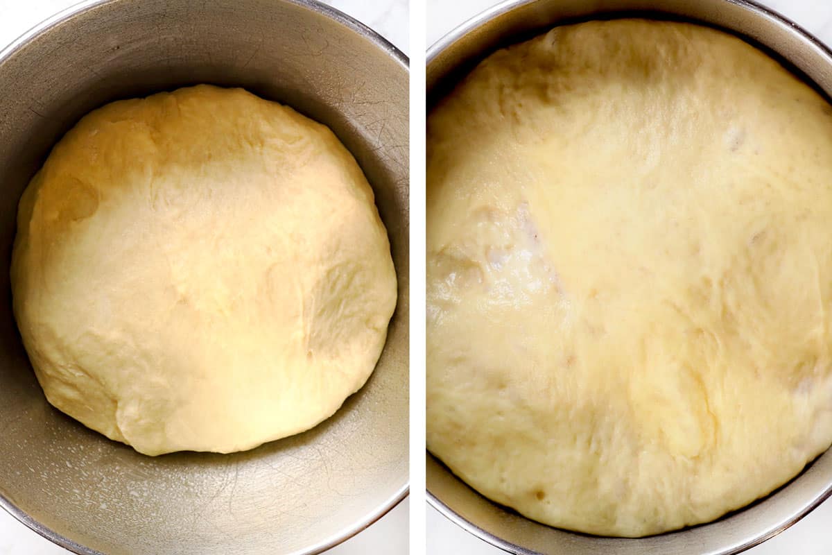 a collage showing how to make beignets by letting the down rise until doubled
