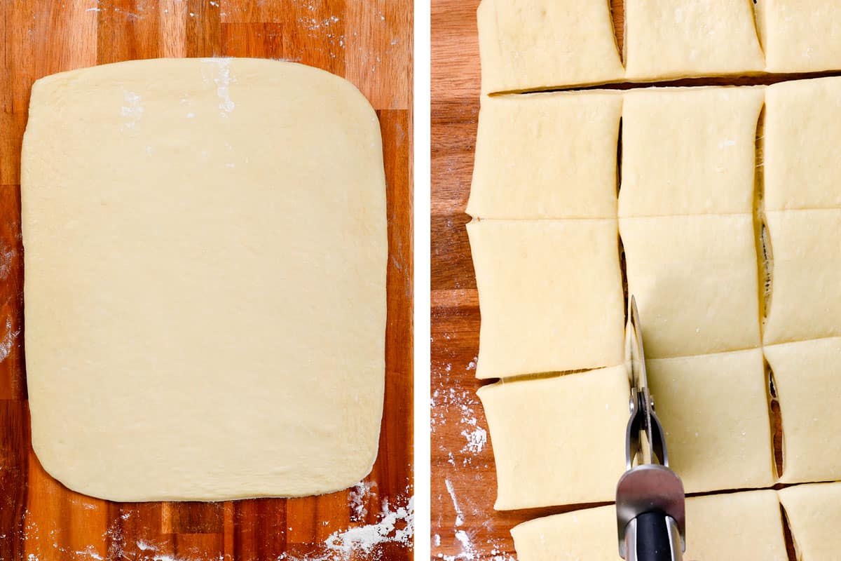 showing how to make beignets by rolling out dough, then cutting into squares