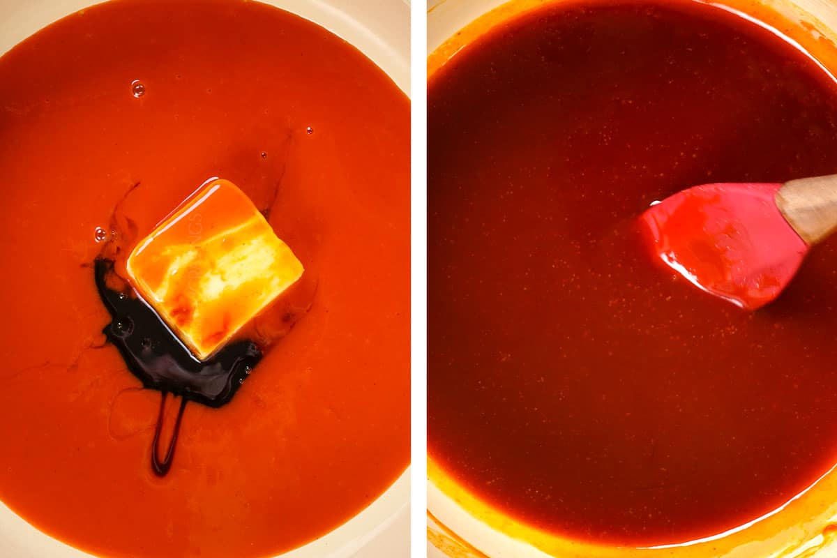 showing how to make buffalo cauliflower bites by making the buffalo wings sauce with butter and honey