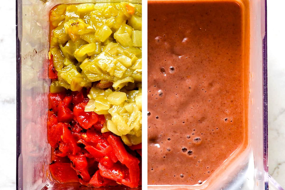 a collage showing how to make black bean soup recipe by pureeing black beans in a blender with tomatoes until smooth