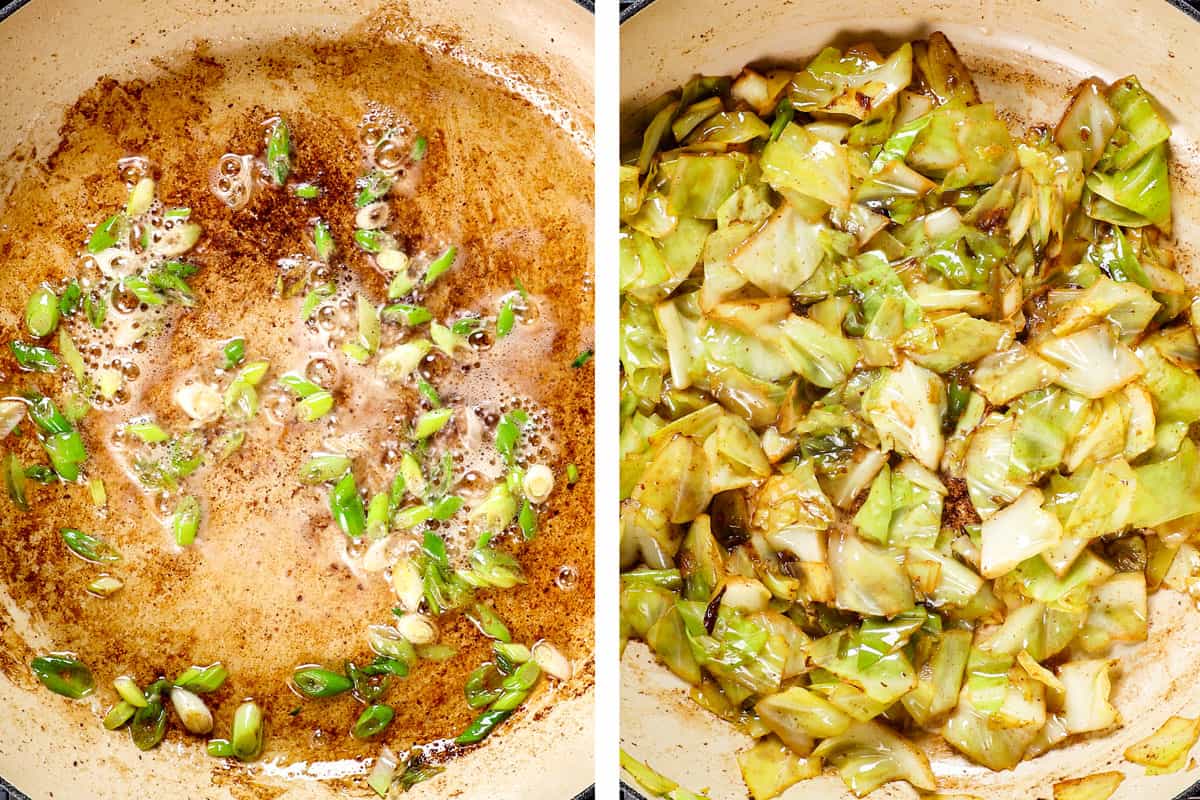 showing how to make colcannon by sautรฉing green onions, then adding cabbage and garlic to cook