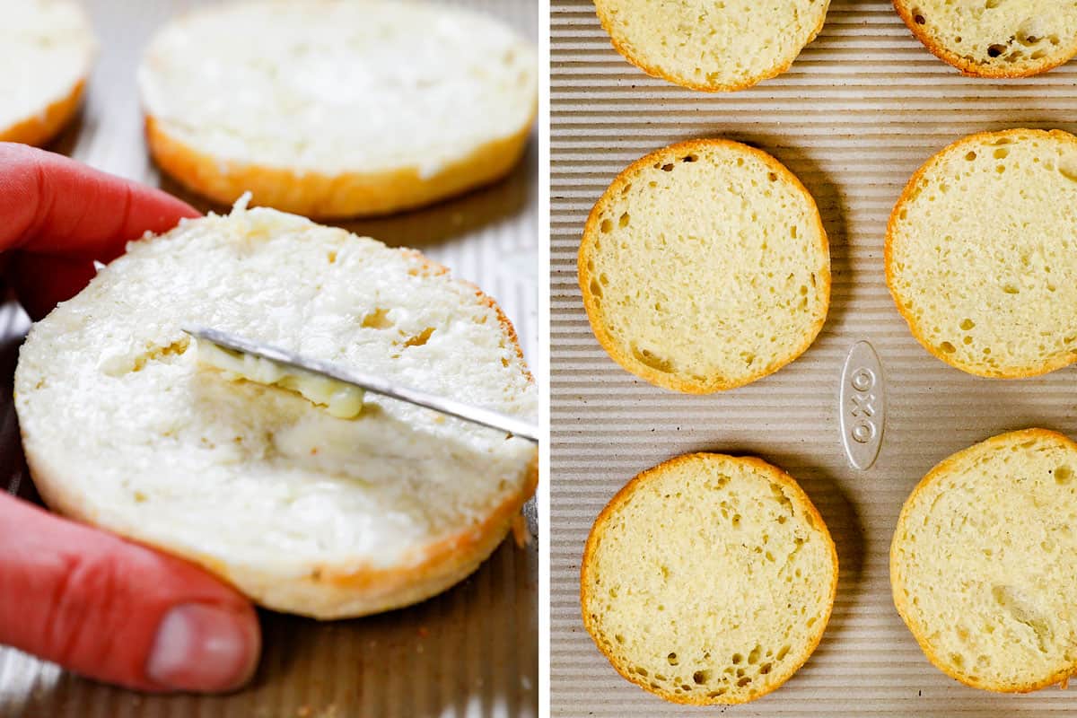 showing how to make Eggs Benedict by adding butter to English muffins and toasting in the oven