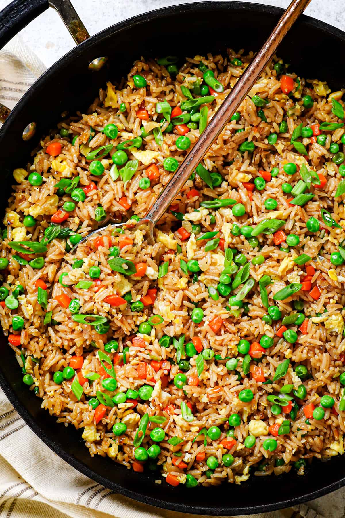 top view of homemade fried rice being cooked in a nonstick skillet showing which pan to use