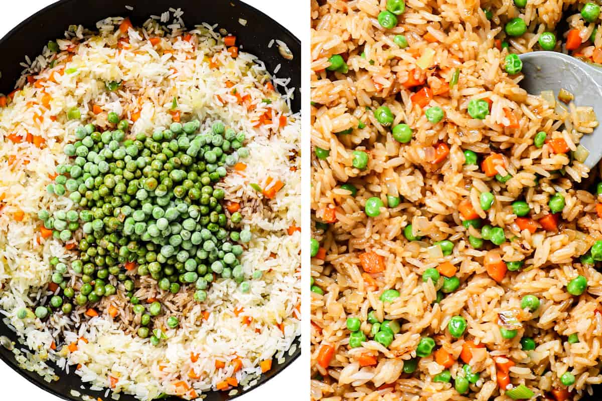 a collage showing how to cook fried rice by adding rice and stir frying to combine