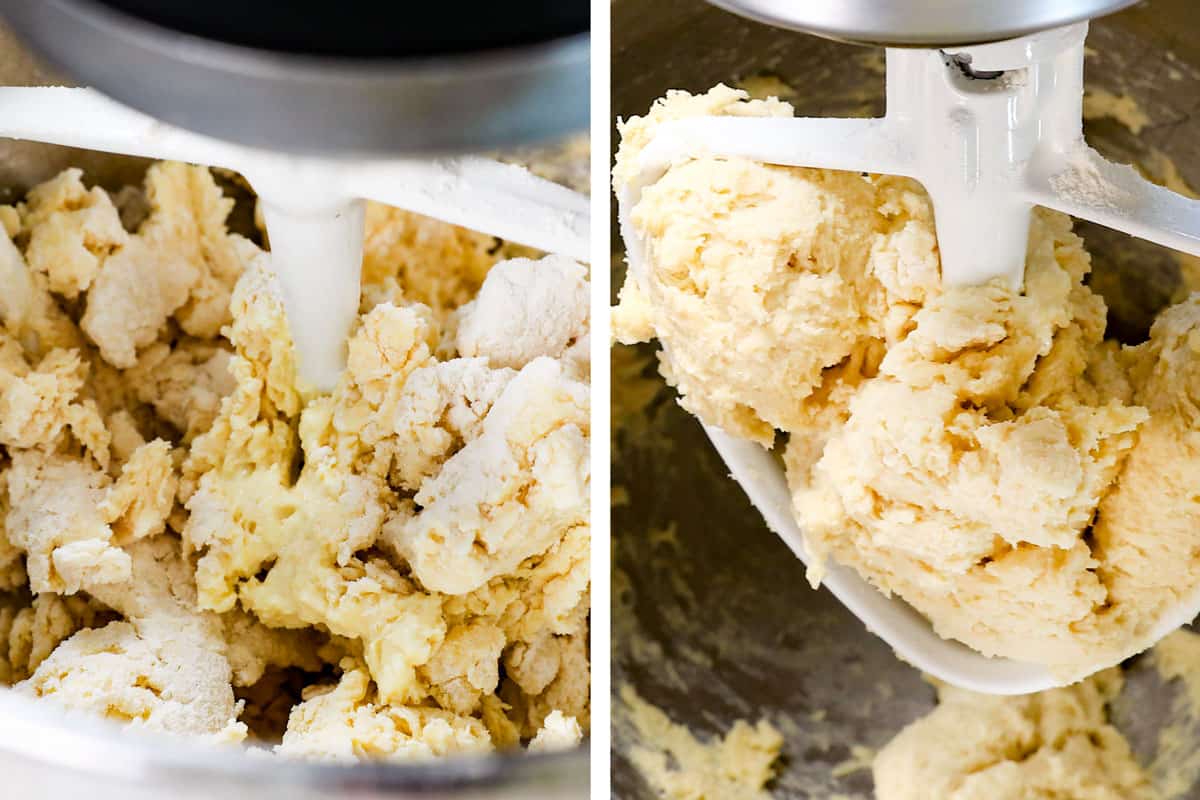 a collage showing how to make pierogi by mixing eggs, sour cream and flour together in a mixing bowl to make pierogi dough