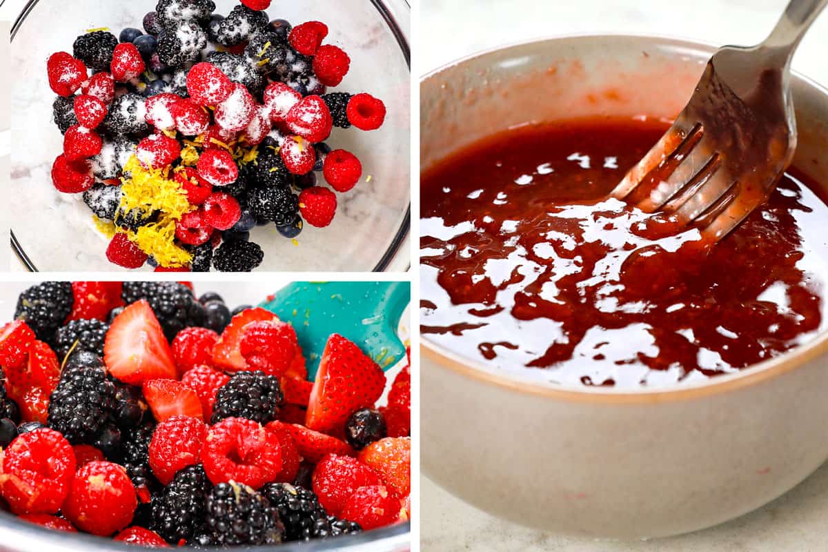 showing how to make Chantilly cake recipe by mixing berry filling with sugar and lemon juice