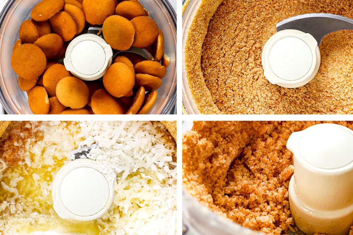 showing how to make lemon pie by processing vanilla wafers into crumbs, then adding butter and sugar