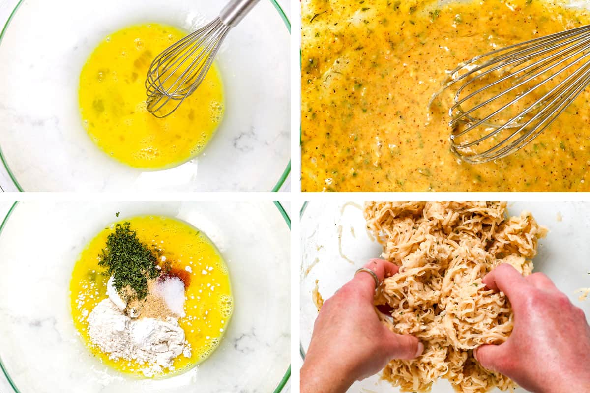 a collage showing how to make potato pancakes, by whisking eggs, adding spices and flour, whisking together, then adding the potatoes and mixing by hand