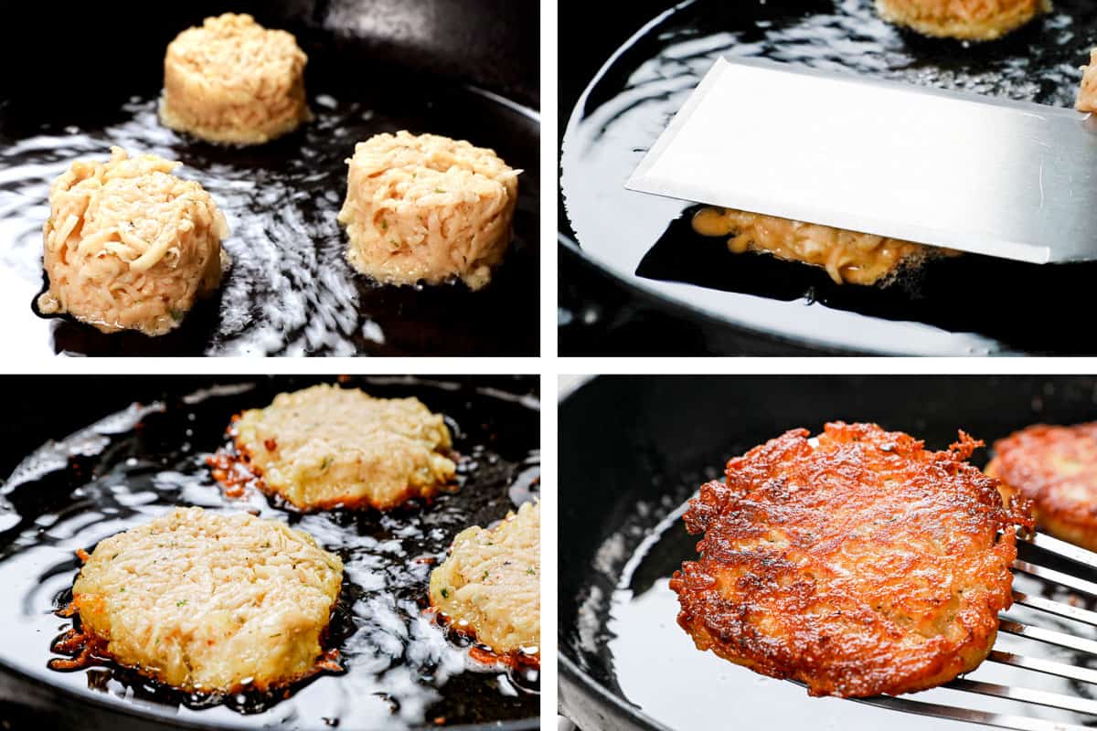 a collage showing how to make potato pancakes by adding the batter to the simmering oil, flattening with a spatula, cooking until golden, then flipping